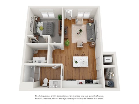 a stylized floor plan with a bedroom and a living room  at Tivoli Green Apartments & Townhomes, Wisconsin, 53406